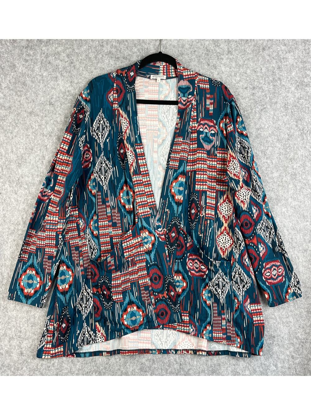 Kiyonna Cardigan Womens 1X Blue Red Patterned Stretchy Drapey Southwestern Boho‎